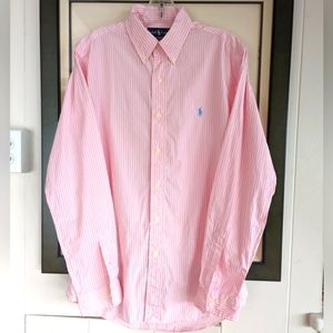 Ralph Lauren Men's Custom Fit Pink and White Striped Long Sleeve Shirt 15.5 Med